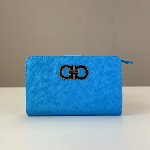 Salvatore Ferragamo Handbags - Ferragamo Blue Saffiano Leather Small Wallet